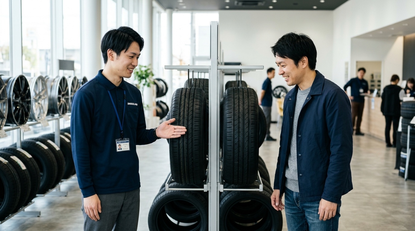 アルファードのインチ別タイヤ代と維持費の相場比較 明るい日本のタイヤ専門ショップのショールームでアルファード用の18インチと20インチのタイヤを見比べる若い日本人男性スタッフとオーナー