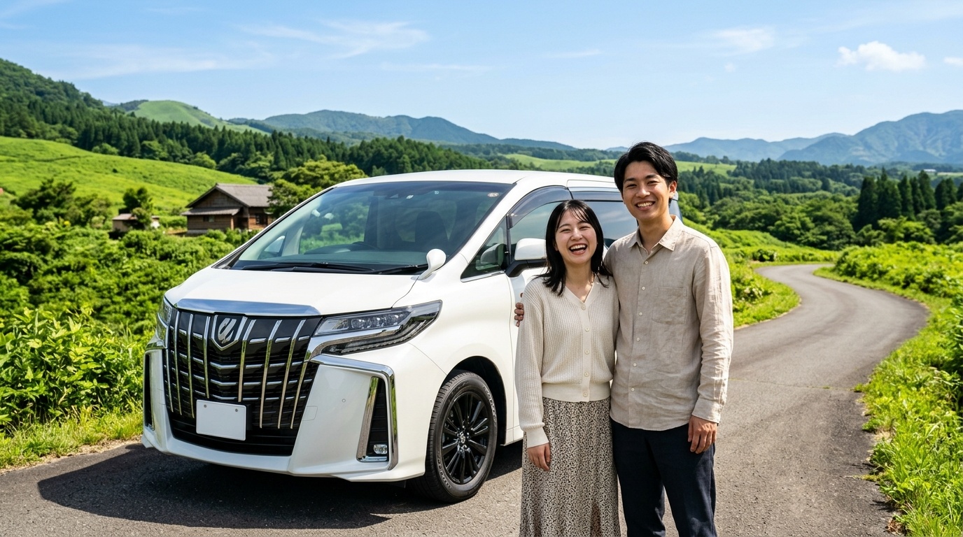 アルファードのインチ別タイヤ代と維持費の総まとめ 青空の下の美しい日本の高原ドライブウェイで新品タイヤを装着したパールホワイトのアルファードの横に立ち笑顔を見せる若い日本人夫婦