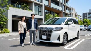 日本の清潔な都市型マンションの駐車場前でパールホワイトのアルファードと駐車区画のサイズを確認しながら微笑む若い日本人夫婦
