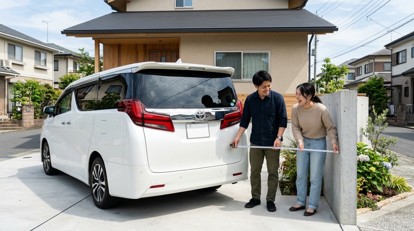 契約前に管理規約の5項目と実車試乗で計測する 日本の自宅ガレージでパールホワイトのアルファードの後方スペースと高さをメジャーで計測する若い日本人夫婦