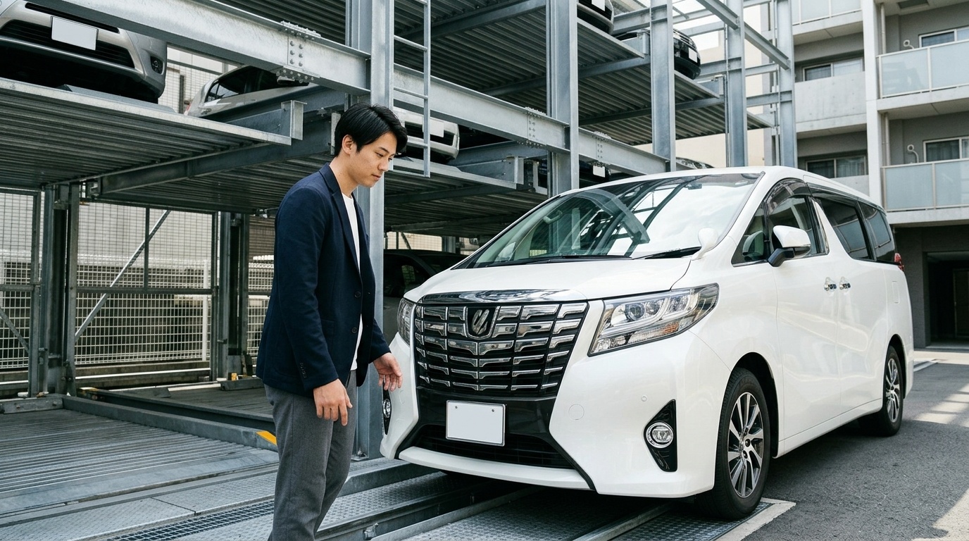 マンションの機械式立体で引っかかる高さと車幅 日本のマンションの機械式立体駐車場の鋼鉄パレット前に停めたアルファードと制限表示看板を確認する若い日本人男性ドライバー