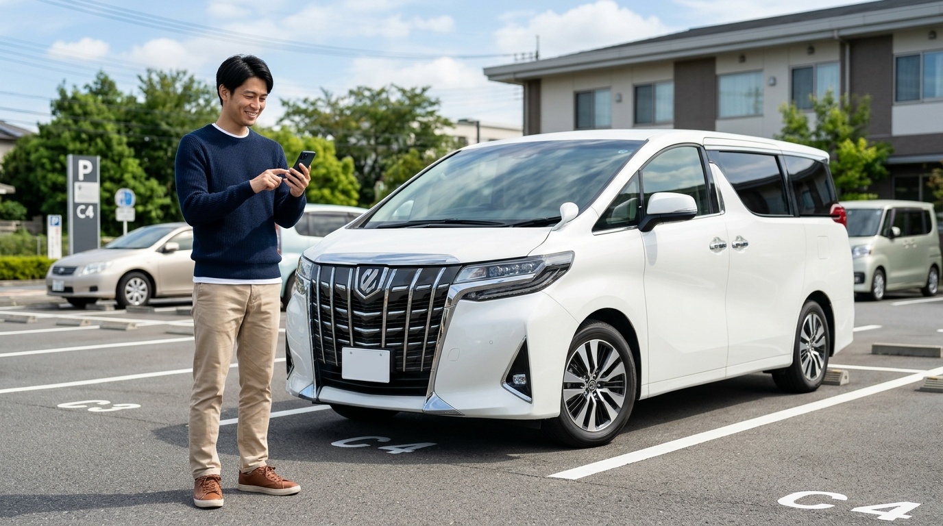40系のサイドスイッチやリモート駐車機能の活用 日本の清潔な駐車場で車外に立ちスマートフォン画面を操作してパールホワイトのアルファードを狭い駐車枠へリモート入庫させる若い日本人男性