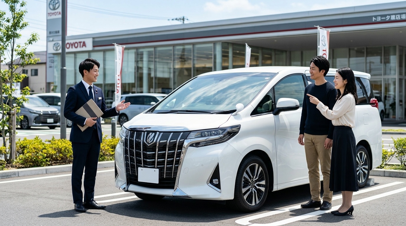アルファードが駐車場に入らないサイズ制限の実態 明るい日本のトヨタ販売店の屋外展示スペースでパールホワイトのアルファードの車幅と全高をメジャーと資料で確認する若い日本人男性スタッフと夫婦