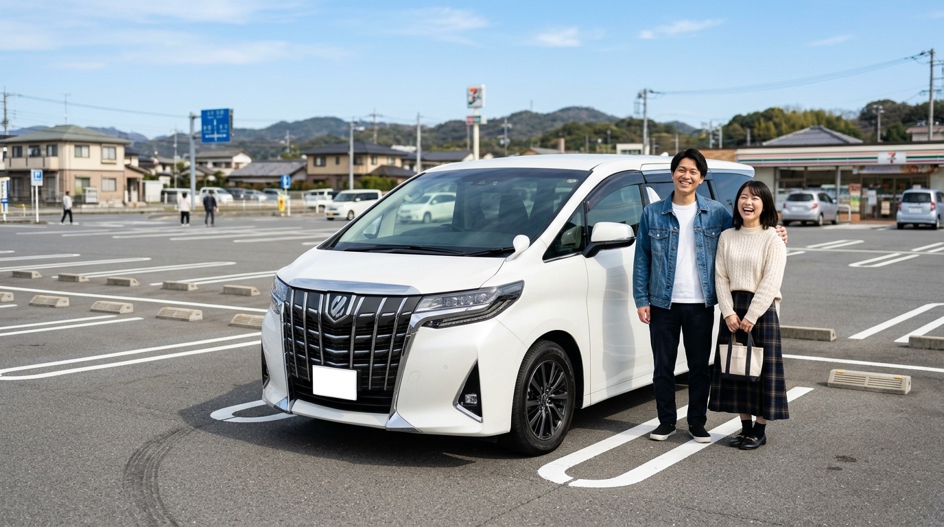 アルファードが駐車場に入らないサイズ対策まとめ 青空の下の広々とした日本の平面駐車場でパールホワイトのアルファードの横に立ち笑顔を見せる若い日本人夫婦