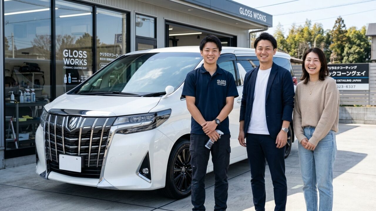 清潔で明るい日本の洗車専門店のピット前で鏡のように輝くアルファードの横に立ち微笑む若い日本人男性スタッフとオーナー夫婦