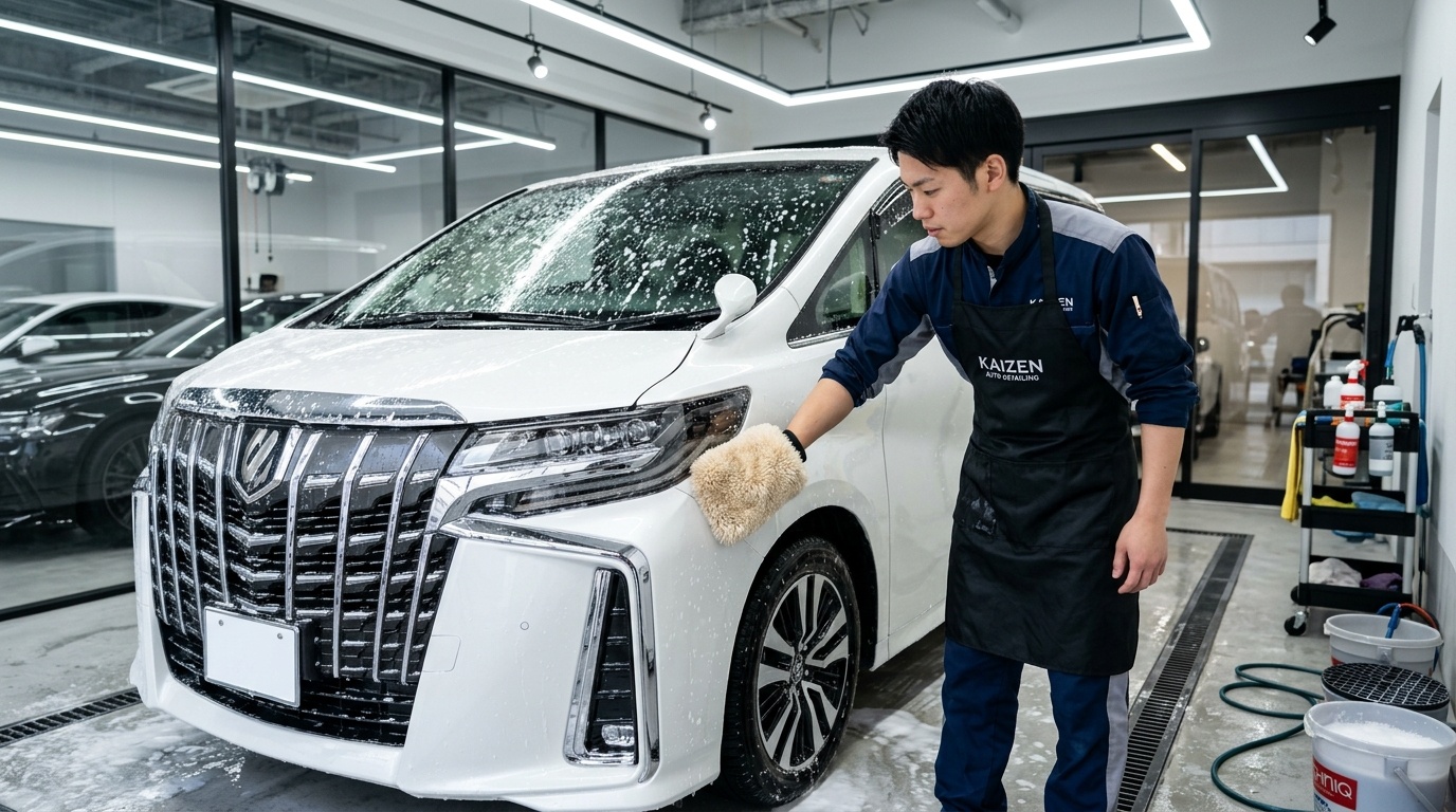 KeePerのLLサイズ手洗いコース別料金と比較表 日本の清潔な洗車専門店ブース内で濃密な泡に包まれたアルファードを羊毛ムートンモップで優しく手洗いする若い日本人男性スタッフ