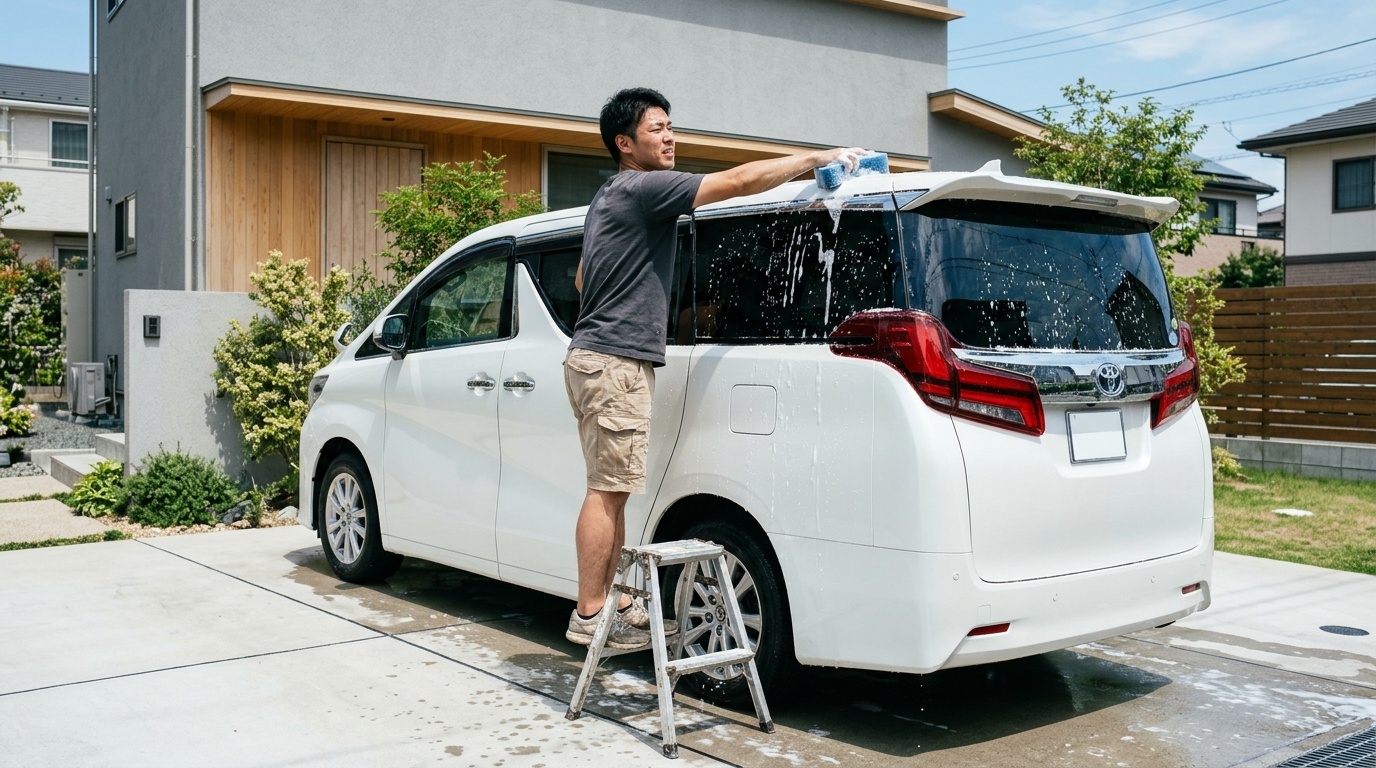 アルファードの洗車代行費用と専門店料金の相場 日本の自宅ガレージ前で脚立に乗りながら背の高いパールホワイトのアルファードの屋根を洗うのに苦労する若い日本人男性オーナー