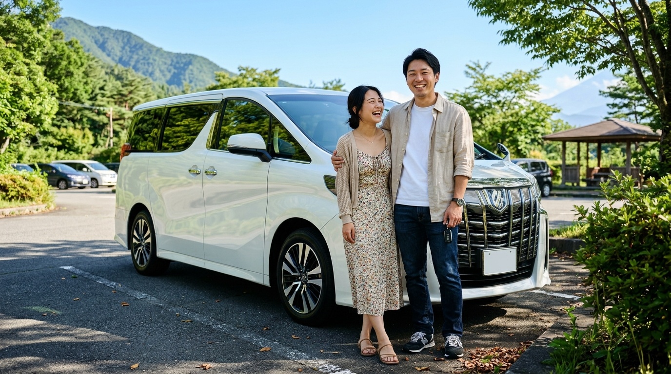 アルファードの洗車代行費用と効果の総まとめ 青空の下の美しい日本の並木道駐車場でピカピカに輝くアルファードの横に立ち笑顔を見せる若い日本人夫婦