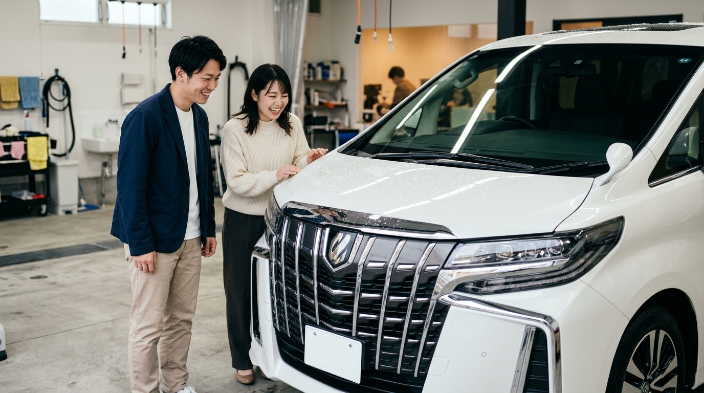 水弾きを復活させるミネラルオフと予約時間のコツ 日本の洗車専門店でミネラルオフ施工を終えボンネットの上で美しい水玉をコロコロと弾いているアルファードを確認する若い日本人オーナー夫婦