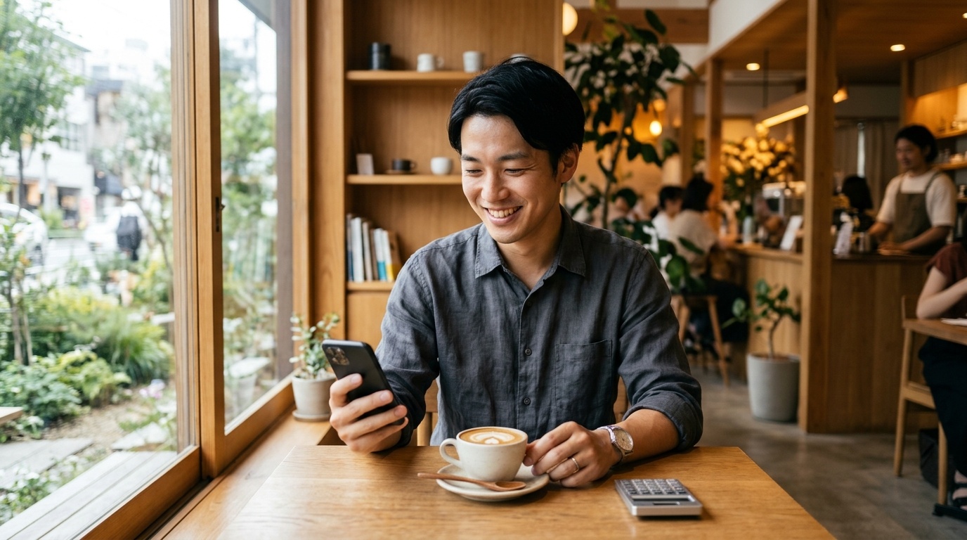 免責金額を5万や10万に設定して保険料を削る効果 日本の明るいカフェのテーブルでスマートフォンの自動車保険アプリを開き免責金額5万円と10万円のシミュレーション画面を比較して微笑む若い日本人男性