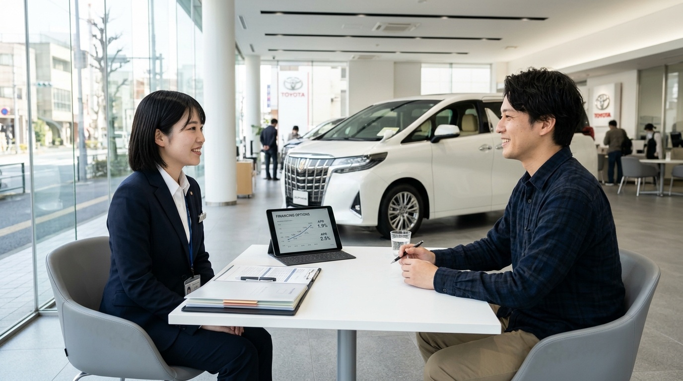 アルファードの車両保険はいくら?相場と料率クラス 日本の清潔なカーディーラーの商談テーブルでアルファードの自動車保険見積書を見ながら説明を受ける若い日本人男性オーナー