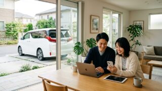 明るい日本の自宅リビングで美しいパールホワイトのアルファードが停まるガレージを窓越しに見ながらノートパソコンで車両保険の見積もりを比較する若い日本人夫婦