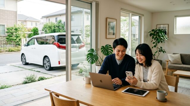 明るい日本の自宅リビングで美しいパールホワイトのアルファードが停まるガレージを窓越しに見ながらノートパソコンで車両保険の見積もりを比較する若い日本人夫婦