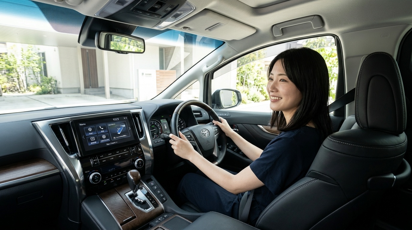 運転者限定やASV割引と新車割引をフル活用する技 日本のモダンな自宅ガレージに停めたアルファードの運転席で最新のデジタルインナーミラーと安全装備スイッチを確認する若い日本人女性ドライバー
