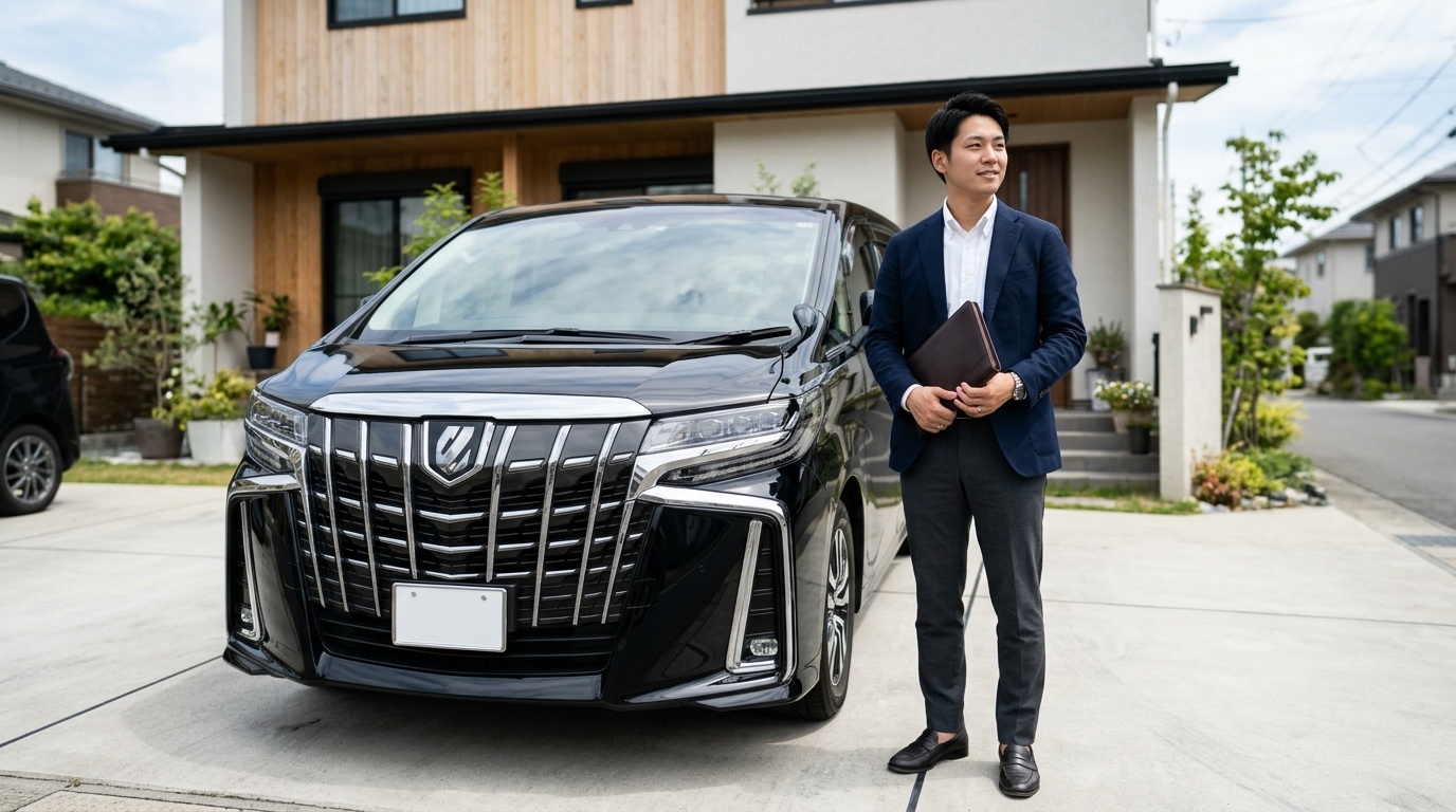 30系と40系の等級や年齢別の年間保険料と相場表 日本の閑静な住宅街の駐車場に停められた黒い40系アルファードのフロントグリルと3眼LEDヘッドライトの横に立ち車検証と保険証券を確認する若い日本人男性