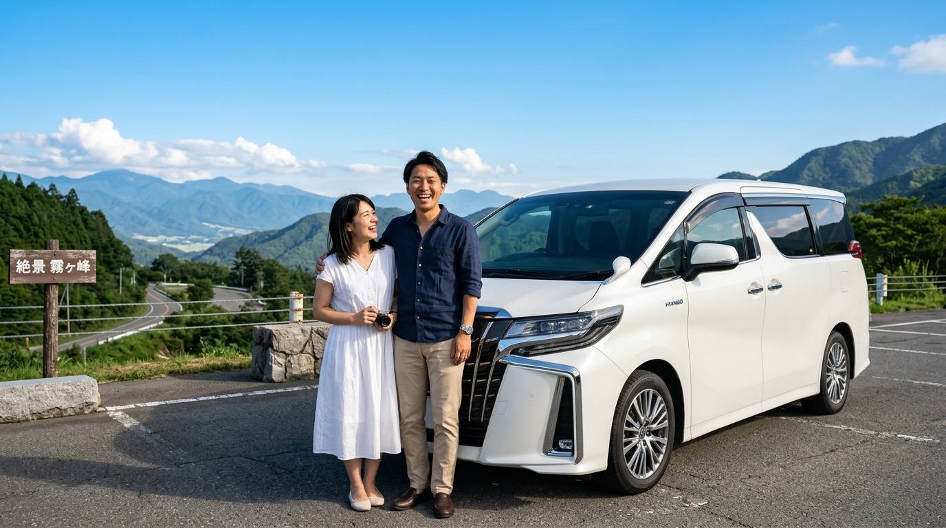 アルファードの車両保険がいくらかかるか総まとめ 晴れた日の美しい日本の高原ドライブウェイでピカピカのアルファードの横に立ち笑顔を見せる若い日本人夫婦