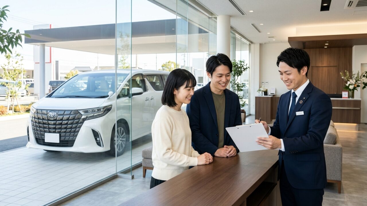 明るいトヨタディーラーのサービスラウンジで車検見積書を確認しながら笑顔で相談する若い日本人夫婦と整備アドバイザー