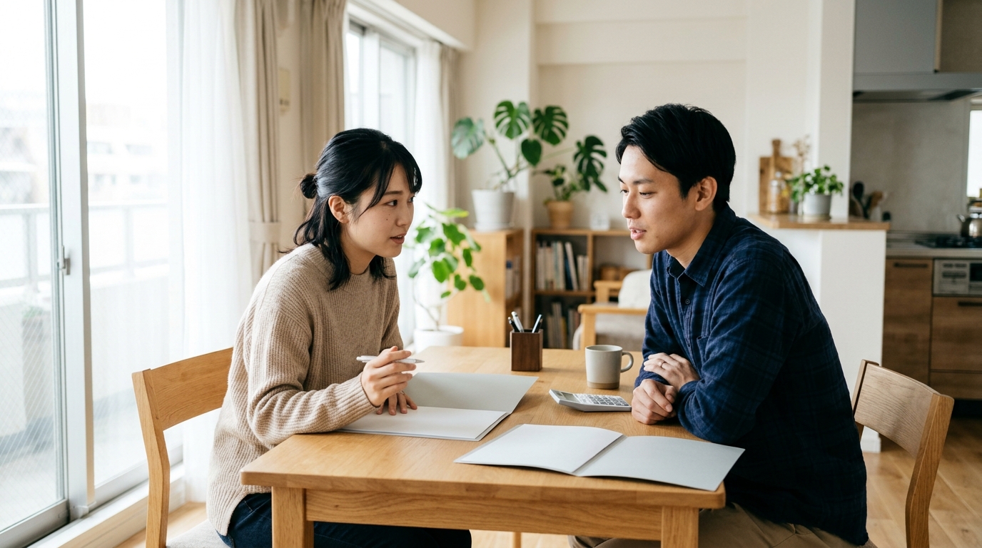 明るい自宅のリビングテーブルで電卓と車検見積書を並べながら維持費の計画を話し合う若い日本人夫婦