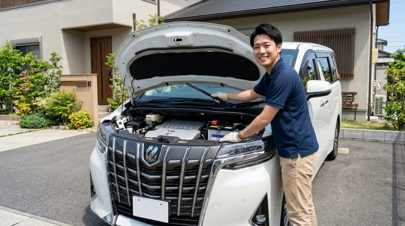晴れた日の自宅駐車場でパールホワイトのアルファードのボンネットを開けてバッテリーとワイパーを事前点検する若い日本人男性