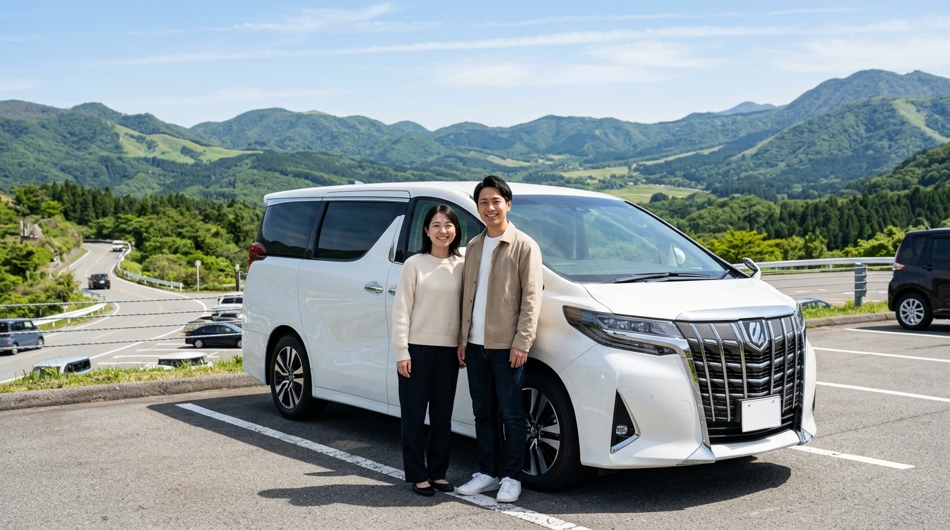 晴れた高原の展望駐車場に停めたパールホワイトのアルファードの横で爽やかな笑顔を見せる若い日本人夫婦