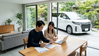 明るい自宅のリビングでノートパソコンと自動車保険証券を見ながら笑顔で任意保険の見直しを相談する若い日本人夫婦