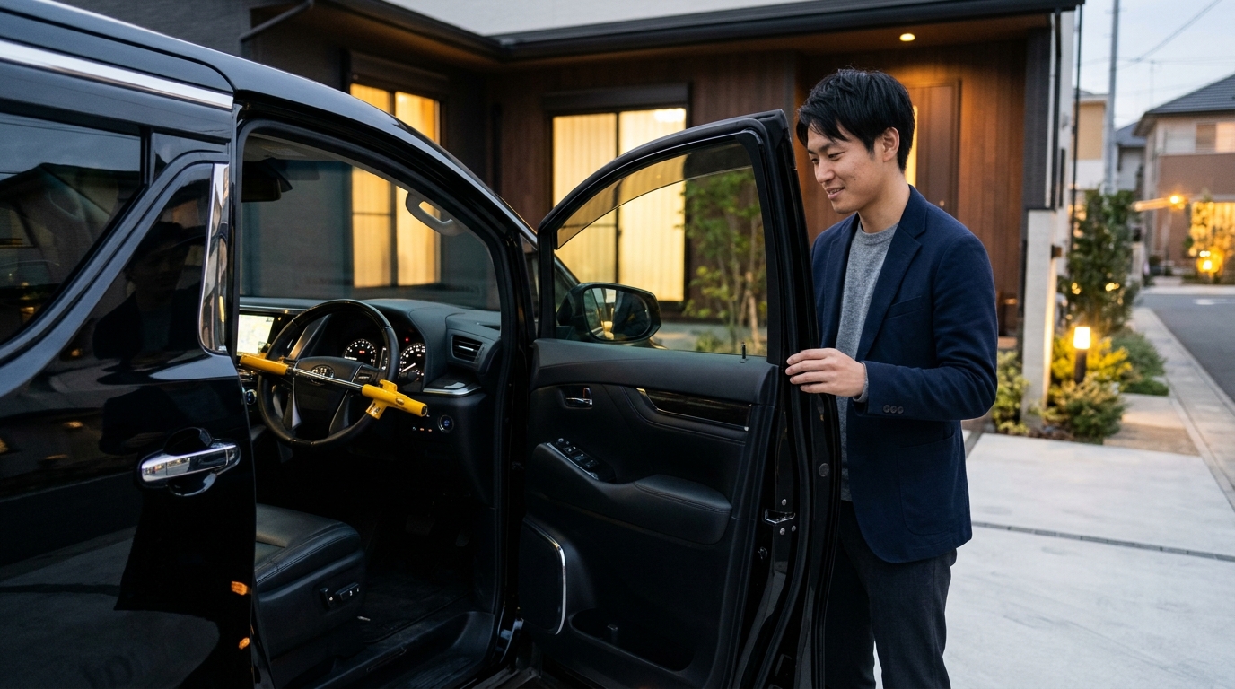夜間の明るい自宅駐車場でハンドルロックとセキュリティ対策が施されたブラックのアルファードを確認する若い日本人男性