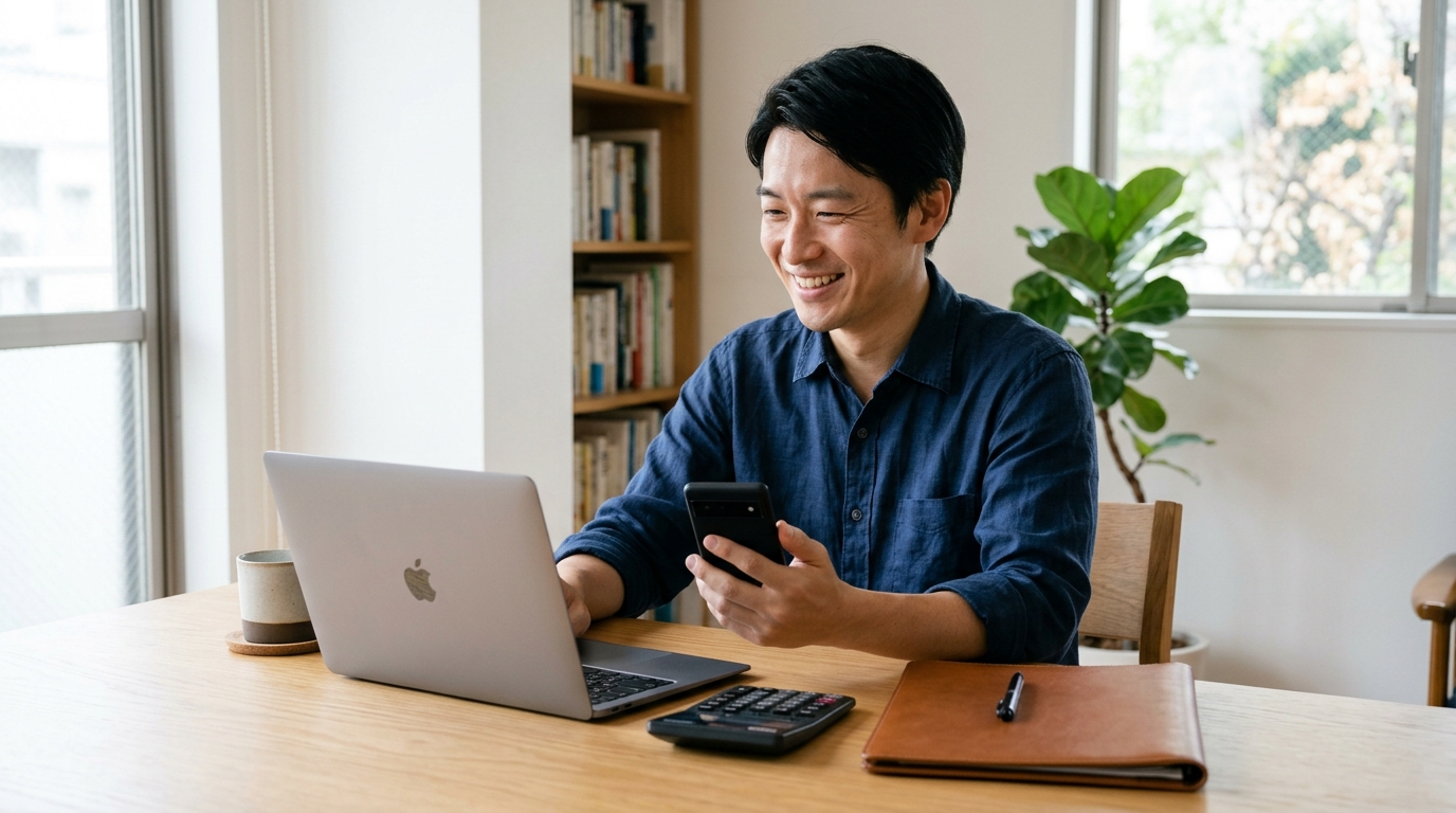 明るい書斎デスクでスマートフォンと車検証を手に見積もり比較画面をチェックして微笑む若い日本人男性