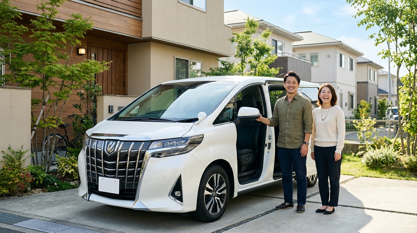 晴れた週末にパールホワイトのアルファードの運転席ドアを開けて笑顔で出発準備をする30代の日本人夫婦