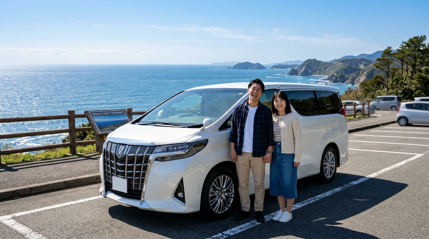 晴れた週末の海沿いドライブコースに停めたパールホワイトのアルファードの横で爽やかな笑顔を見せる若い日本人夫婦