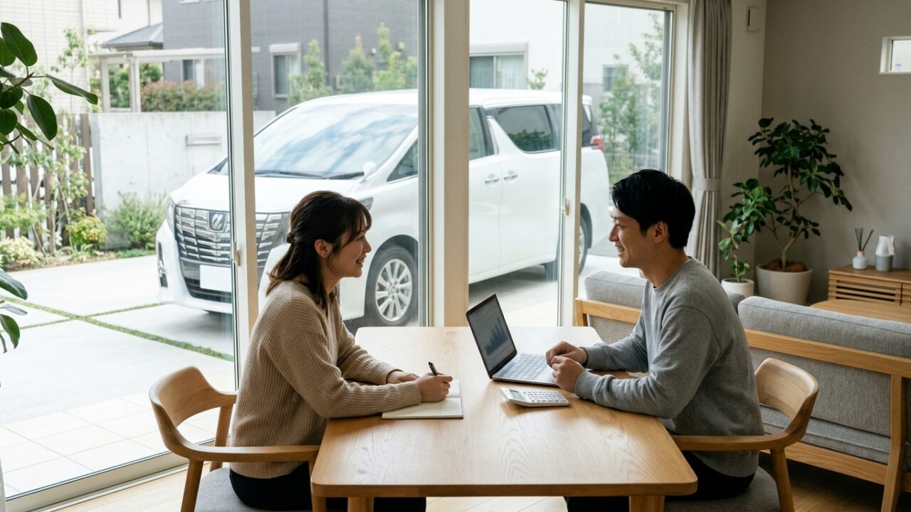 明るい自宅のダイニングテーブルで電卓と家計簿ノートを見ながら笑顔でアルファードの維持費を計算する若い日本人夫婦