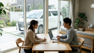 明るい自宅のダイニングテーブルで電卓と家計簿ノートを見ながら笑顔でアルファードの維持費を計算する若い日本人夫婦