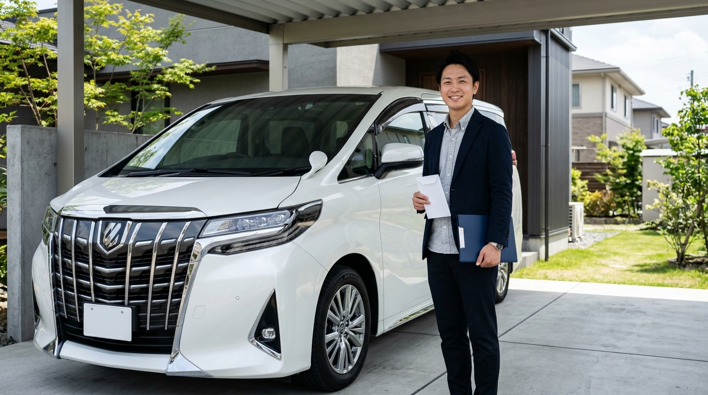 自宅ガレージに停めたパールホワイトのアルファードの横で自動車税納付書と車検証ファイルを確認する若い日本人男性オーナー