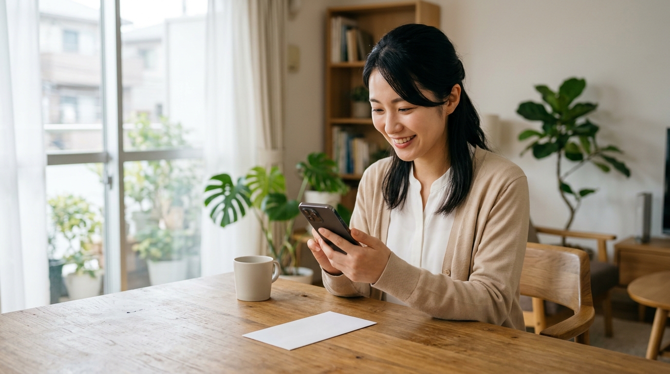 自宅のテーブルでスマートフォンの決済アプリを使って自動車税納付書のQRコードを読み取る若い日本人女性
