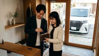 自宅の玄関先でアルファードのスマートキーを電波遮断ポーチに収納して笑顔を見せる若い日本人夫婦