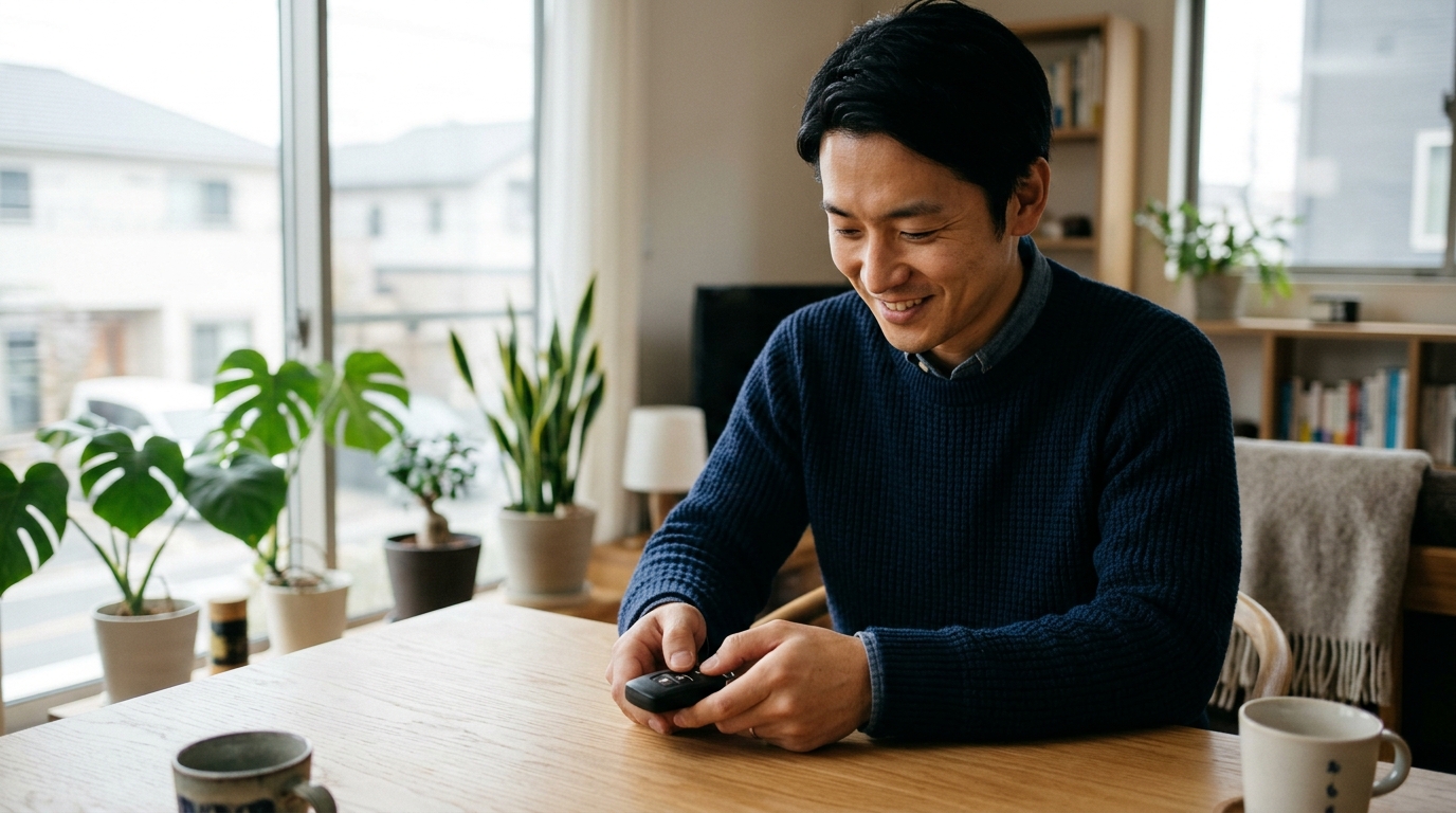 自宅のリビングでアルファードのスマートキーのボタンを押して節電モードを設定する若い日本人男性