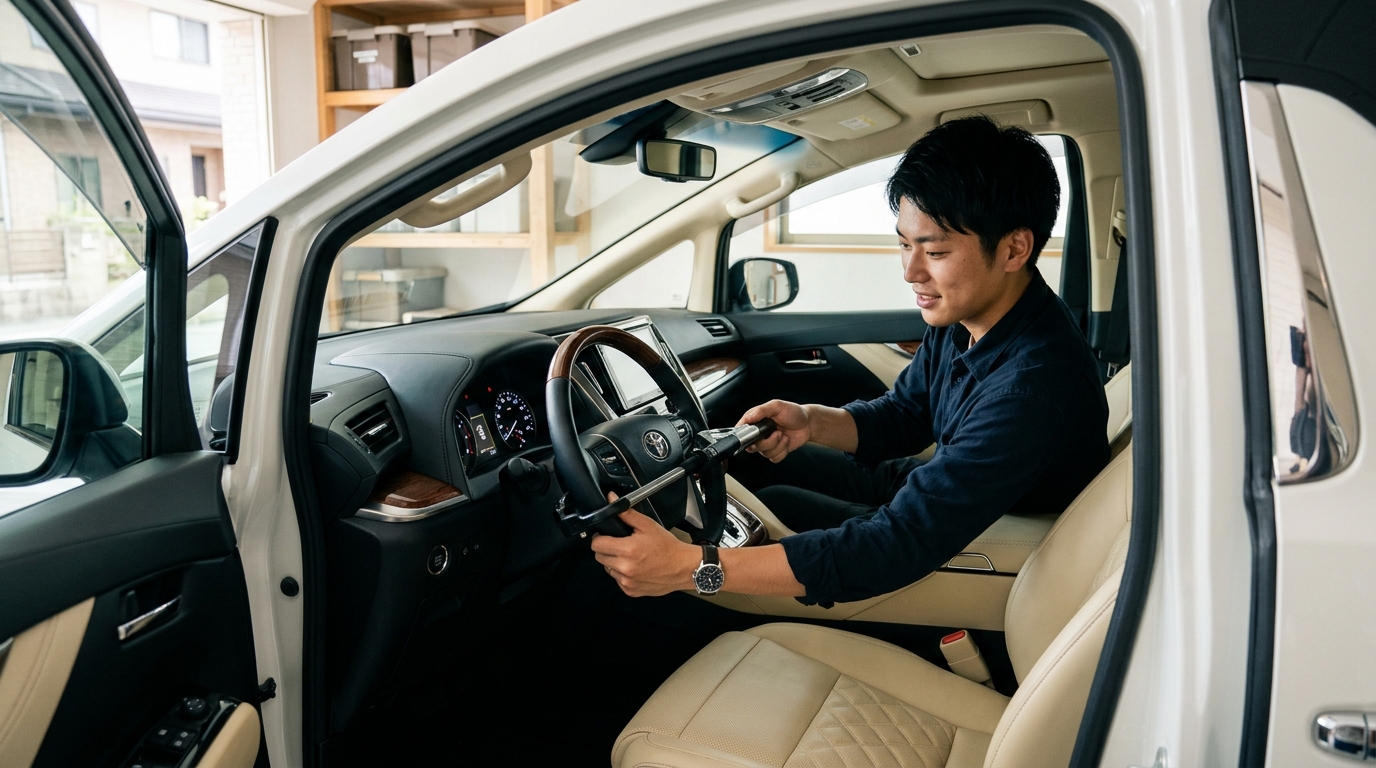 アルファードの運転席でステアリングに物理的なハンドルロックを取り付ける若い日本人男性オーナー
