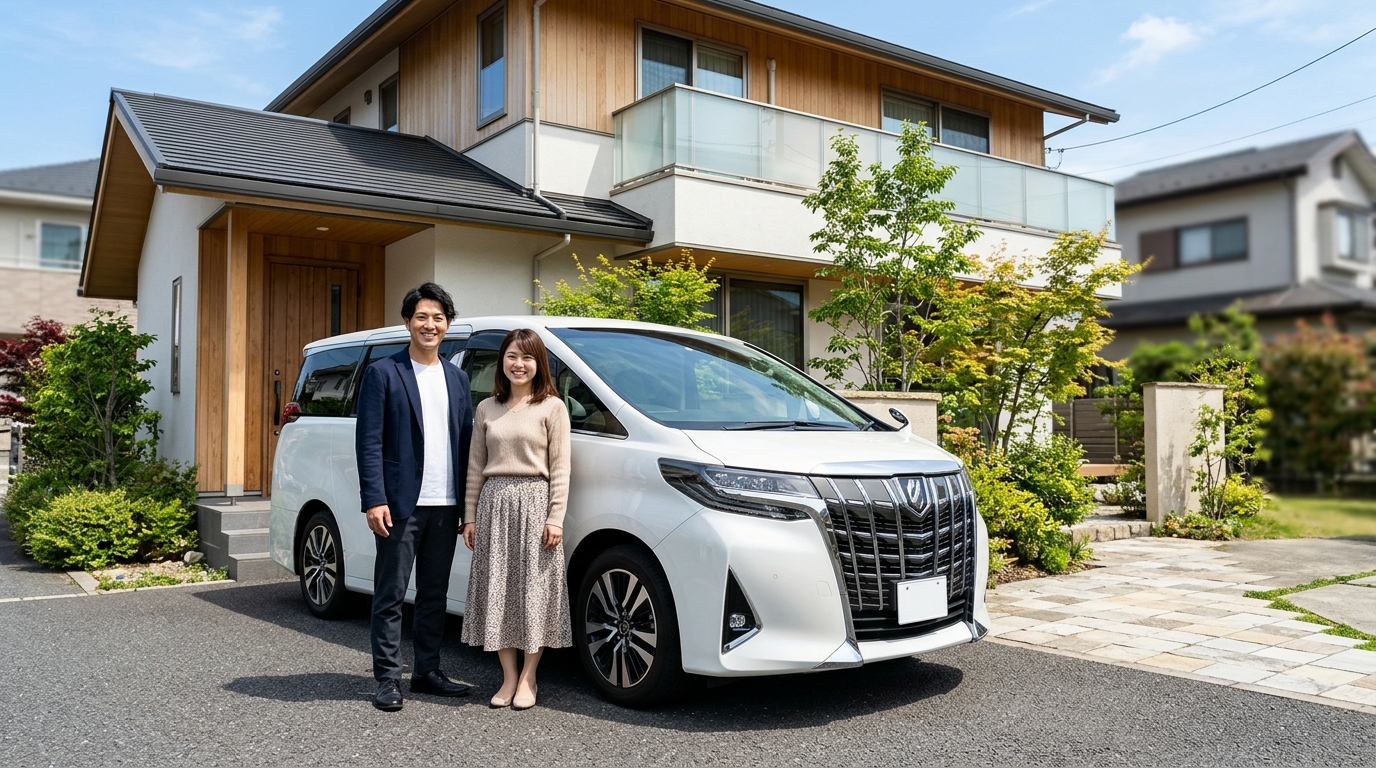 防犯対策を整えた自宅ガレージのパールホワイトのアルファードの前で安心した笑顔を見せる若い日本人夫婦