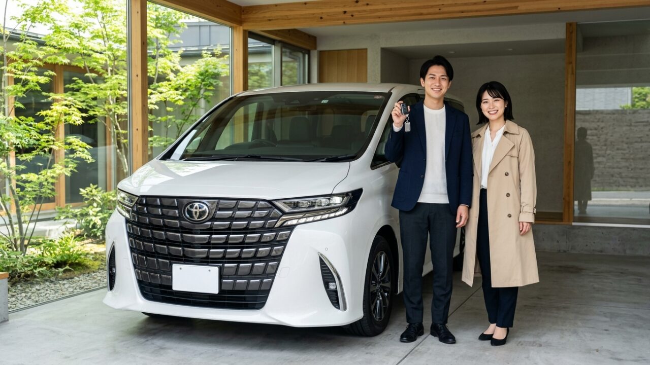 自宅ガレージのパールホワイトのアルファードの運転席横で防犯対策を確認し安心した笑顔を見せる若い日本人夫婦