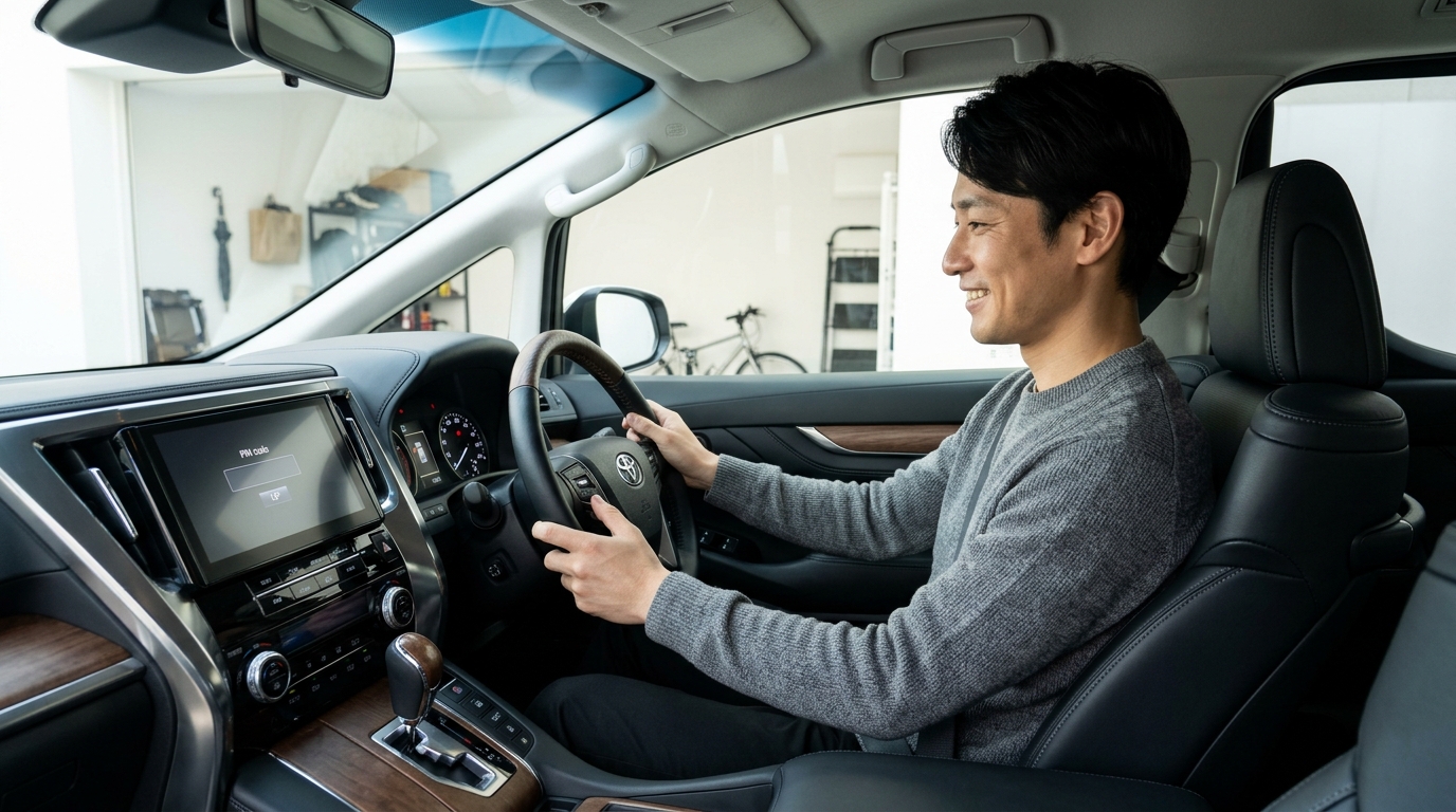 アルファードの運転席に座りステアリングスイッチを操作してIGLAのピンコード認証を行う若い日本人男性オーナー