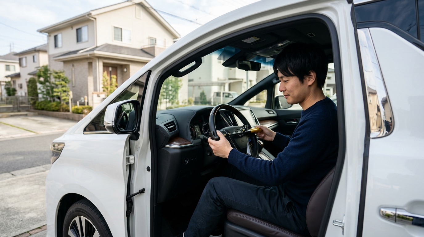 自宅ガレージに停めたアルファードの運転席でステアリングに頑丈な物理ハンドルロックを装着する若い日本人男性