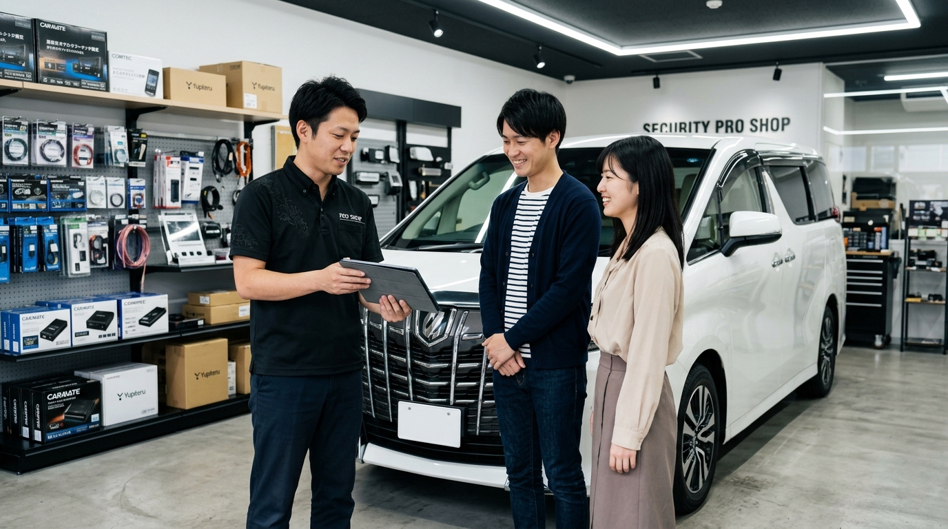 清潔なカーセキュリティ専門店でアルファードのIGLA施工プランについて専門スタッフから説明を受ける若い日本人夫婦