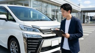 清潔な日本の中古車販売店の展示場でブラックの30系後期ヴェルファイアのフロントグリルとタイヤ周りを点検しながら微笑む若い日本人夫婦