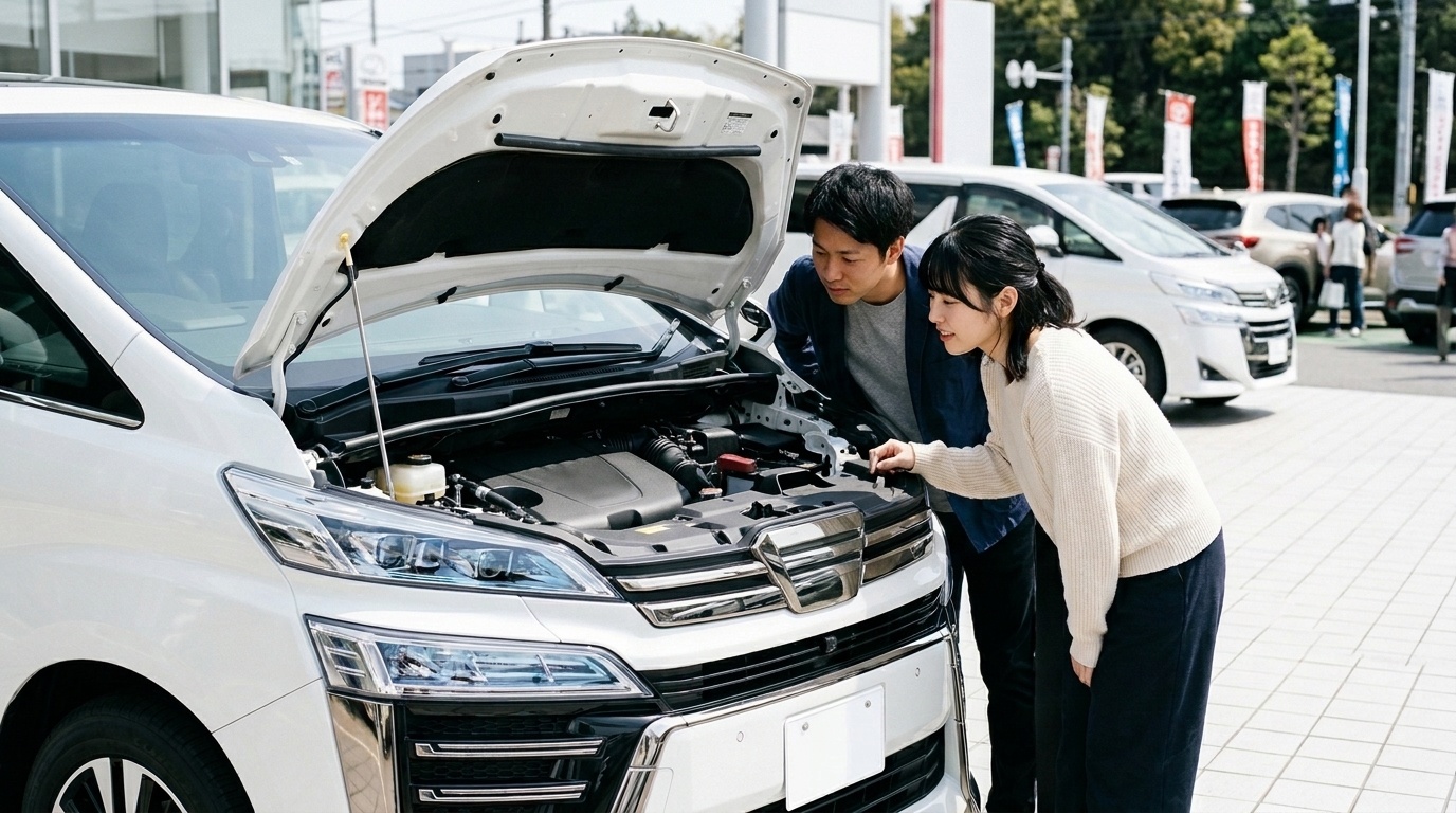 中古車の現車確認で必ず見るべき5つのチェック項目 日本の中古車展示場で30系後期ヴェルファイアの運転席に座り電装スイッチとエアコンの効きを点検する若い日本人男性と販売スタッフ
