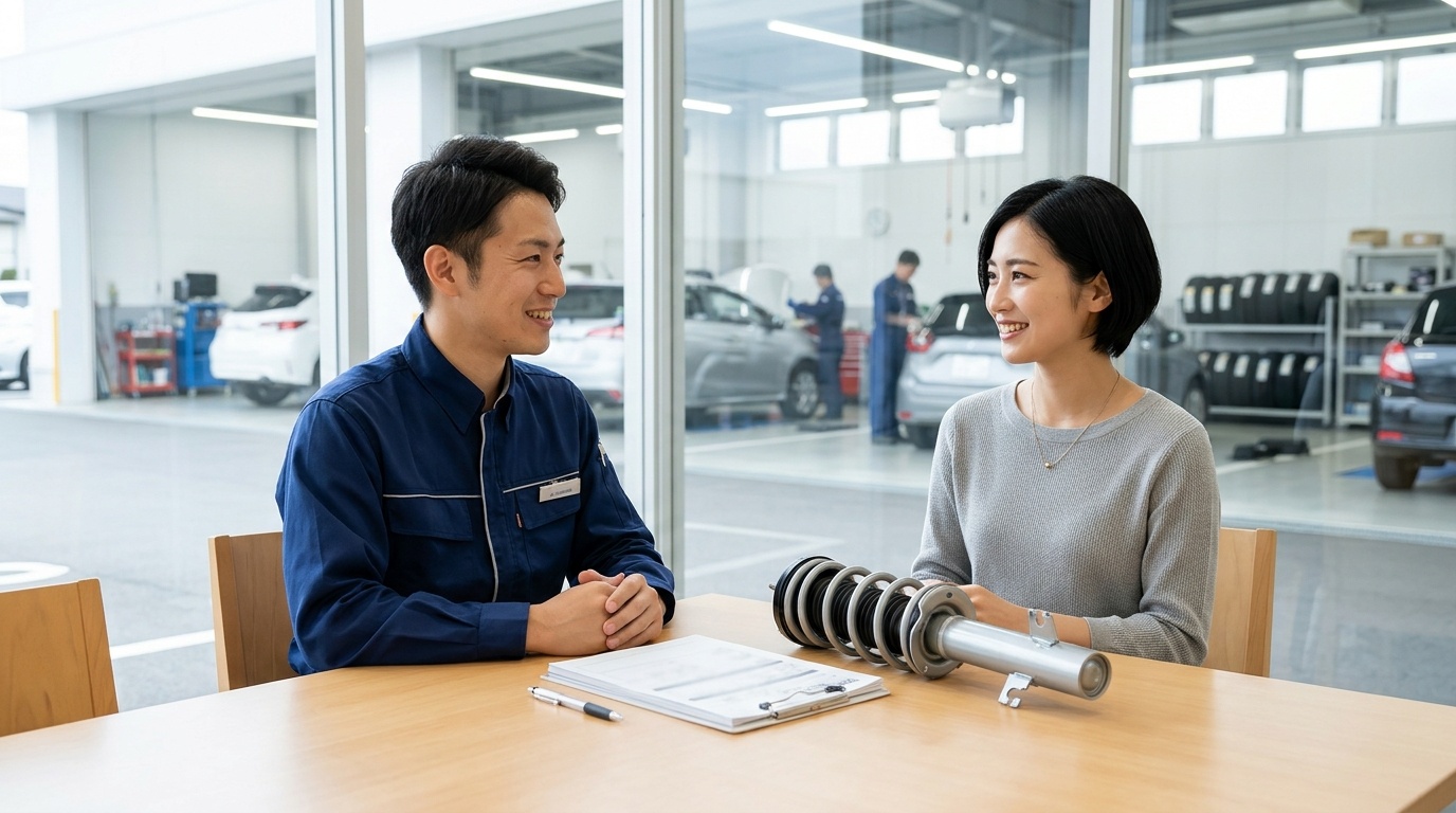 社外OEMやリビルト部品で維持費を賢く抑える方法 清潔な日本の自動車整備工場の作業台で新品のOEMスタビライザーリンクとウォーターポンプ部品を手に取り説明する若い日本人男性整備士