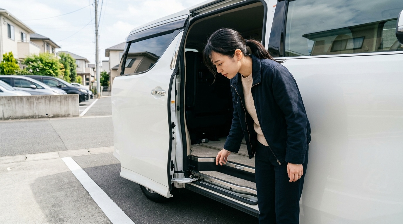 電動スライドドアのワイヤー摩耗と開閉不良の仕組み 明るい日本の自宅駐車場で30系後期ヴェルファイアの電動スライドドアの開口部と下部レールおよびゴムセンサーを確認する若い日本人男性