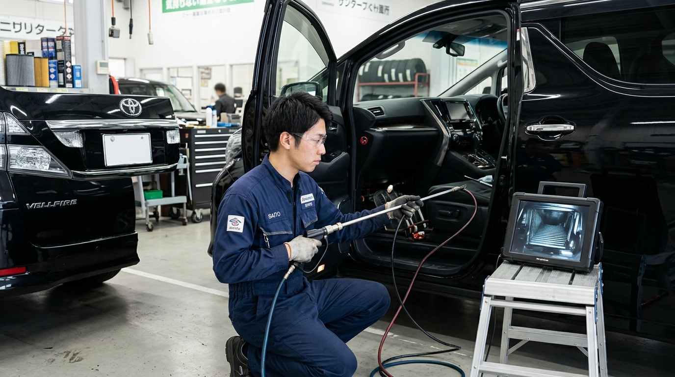 エバポレーター洗浄の種類とディーラー費用 清潔な日本の整備工場でヴェルファイアのエアコンユニット内部を内視鏡カメラで確認しながらエバポレーター洗浄を行う若い日本人男性整備士