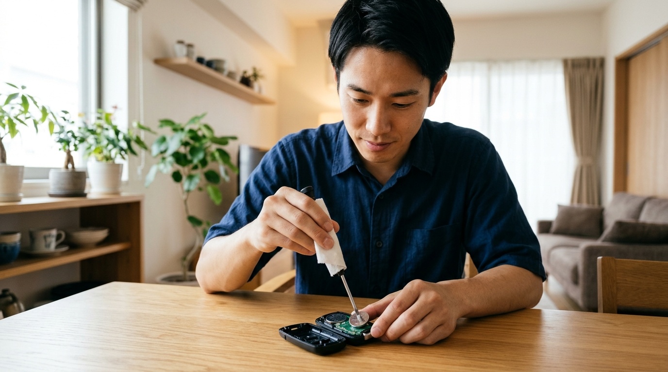 型式別のボタン電池品番と3分できるDIY交換手順 自宅のテーブルで布を巻いた精密マイナスドライバーを使いヴェルファイアのスマートキーのボタン電池をDIY交換する若い日本人男性