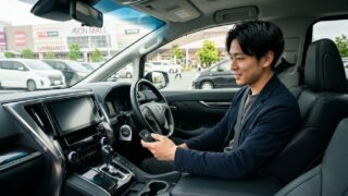駐車場でヴェルファイアのスマートキー電池切れに直面しエンジンスイッチとキーを確認する若い日本人男性オーナー