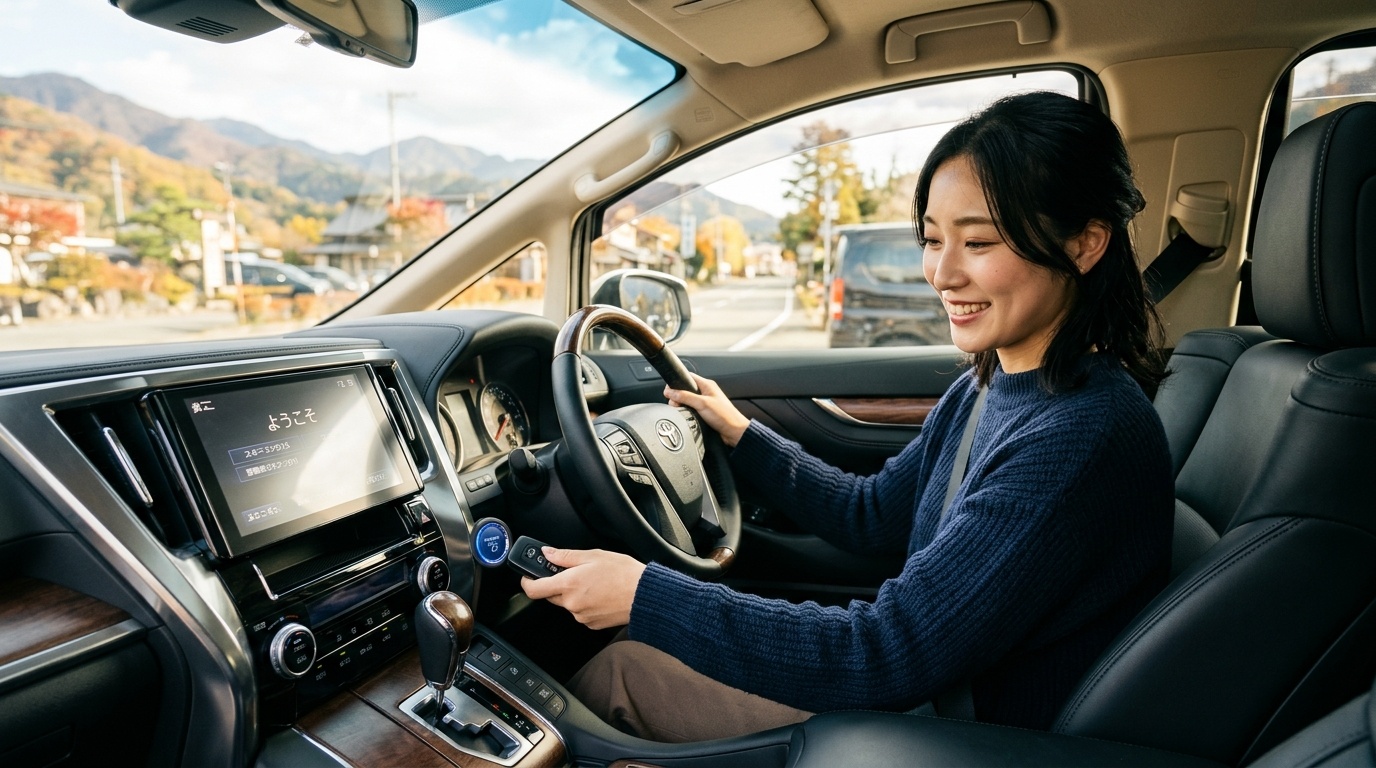 エンジンスイッチへキーをかざす緊急始動の手順 ヴェルファイアの運転席でエンジンスイッチにスマートキーのエンブレム面を接触させて緊急始動する若い日本人女性