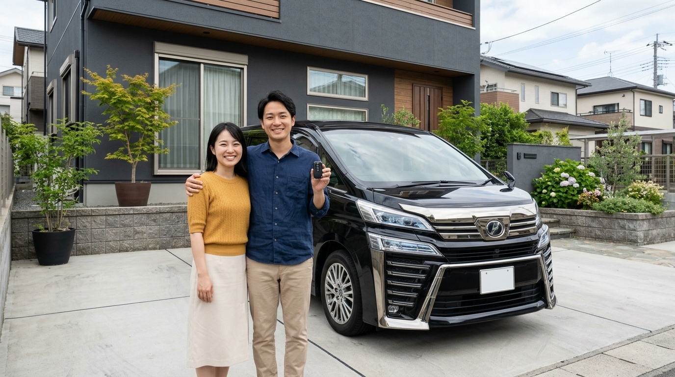 ヴェルファイアのスマートキー電池切れとエンジン総括 新しいボタン電池に交換したスマートキーを手にヴェルファイアの前で笑顔を見せる若い日本人夫婦